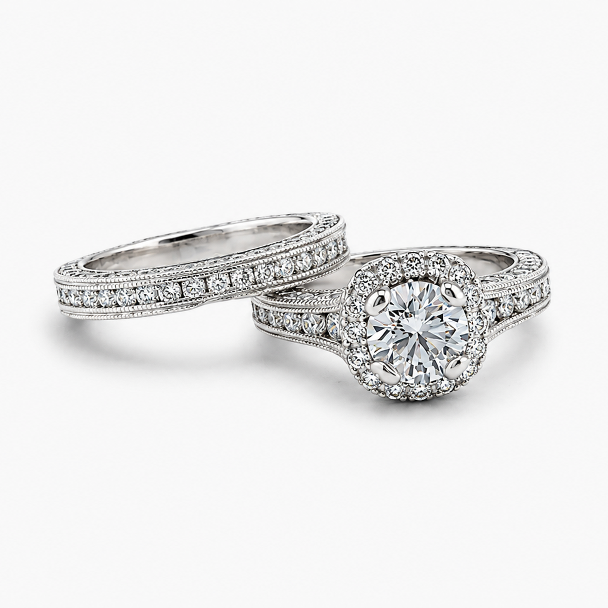Vintage Floral Halo Natural Diamond Bridal Set in 14K White Gold (1.92 CTW)