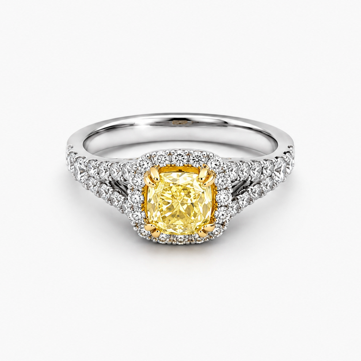 Cushion Cut Fancy Yellow Diamond Halo Engagement Ring in 18K White and Yellow Gold