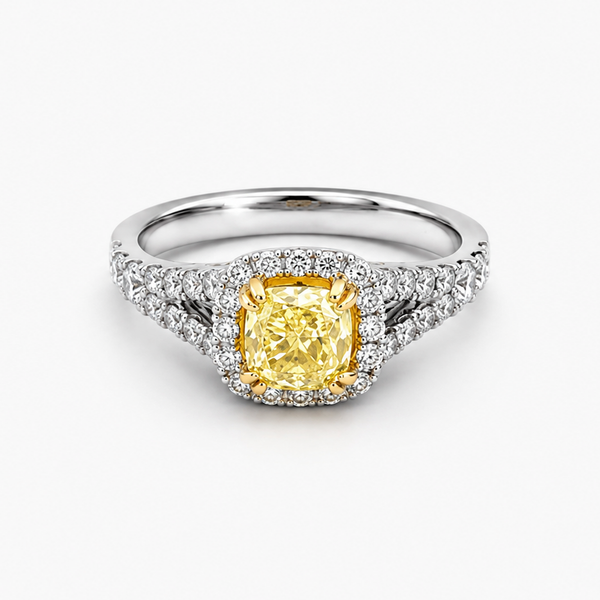 Cushion Cut Fancy Yellow Diamond Halo Engagement Ring in 18K White and Yellow Gold