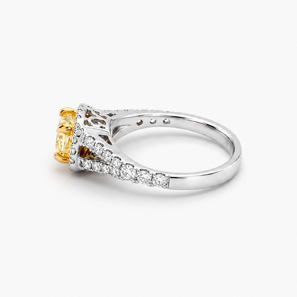 Cushion Cut Fancy Yellow Diamond Halo Engagement Ring in 18K White and Yellow Gold