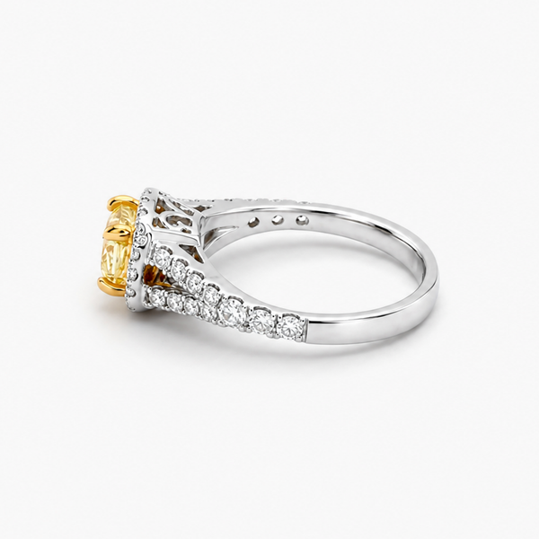 Cushion Cut Fancy Yellow Diamond Halo Engagement Ring in 18K White and Yellow Gold