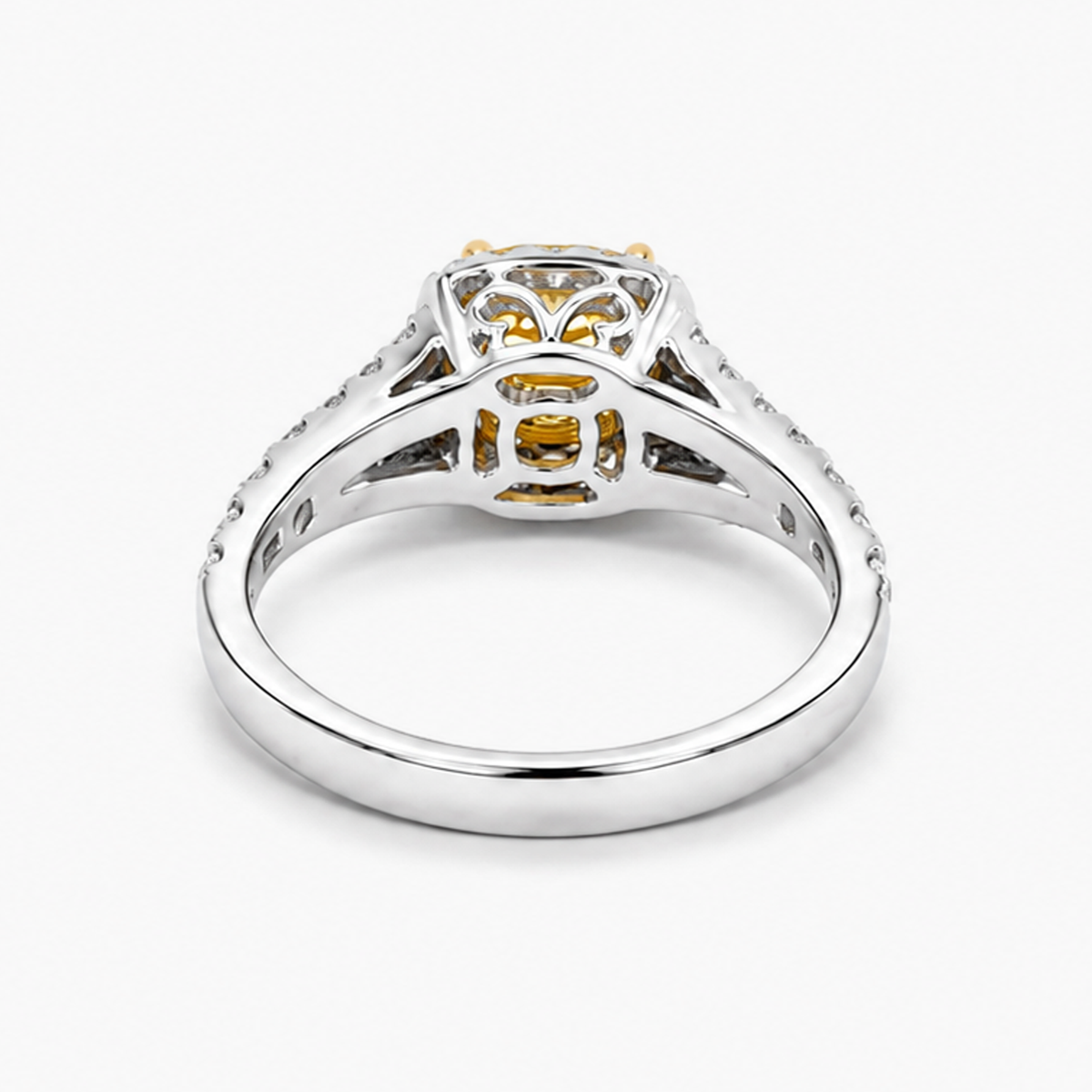 Cushion Cut Fancy Yellow Diamond Halo Engagement Ring in 18K White and Yellow Gold