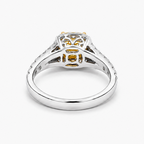 Cushion Cut Fancy Yellow Diamond Halo Engagement Ring in 18K White and Yellow Gold