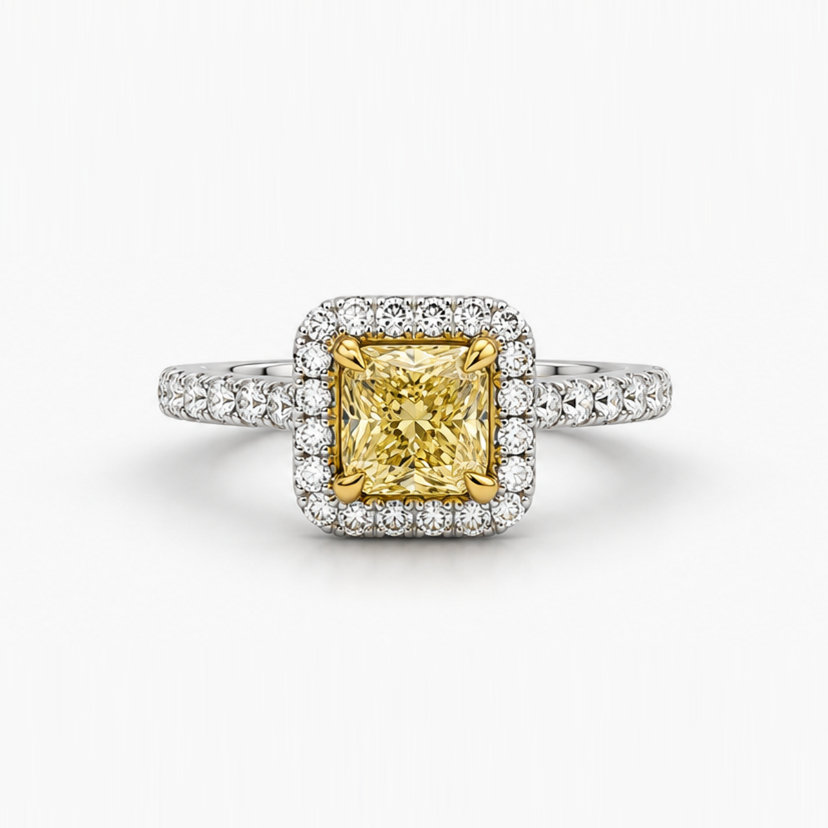 Fancy Yellow Cushion Cut Diamond Halo Engagement Ring, 1.00 CT GIA Certified, 18K White and Yellow Gold