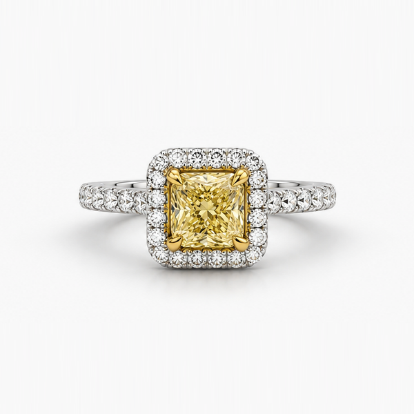 Fancy Yellow Cushion Cut Diamond Halo Engagement Ring, 1.00 CT GIA Certified, 18K White and Yellow Gold
