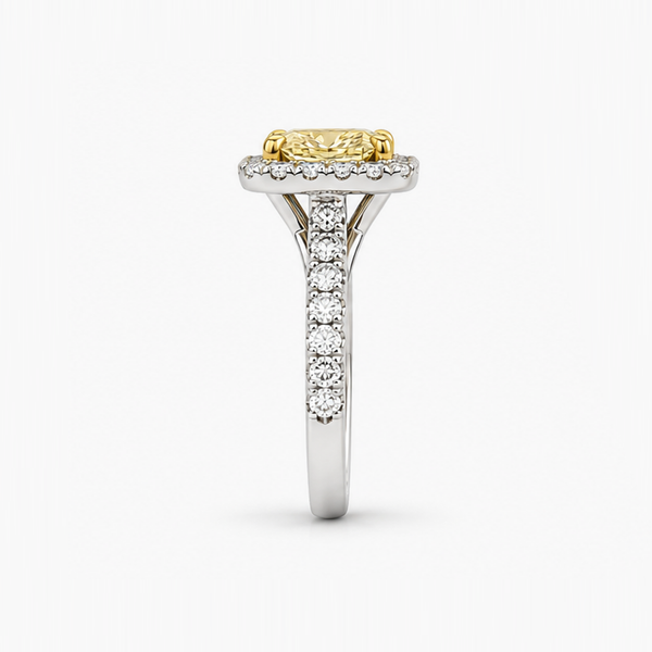 Fancy Yellow Cushion Cut Diamond Halo Engagement Ring, 1.00 CT GIA Certified, 18K White and Yellow Gold