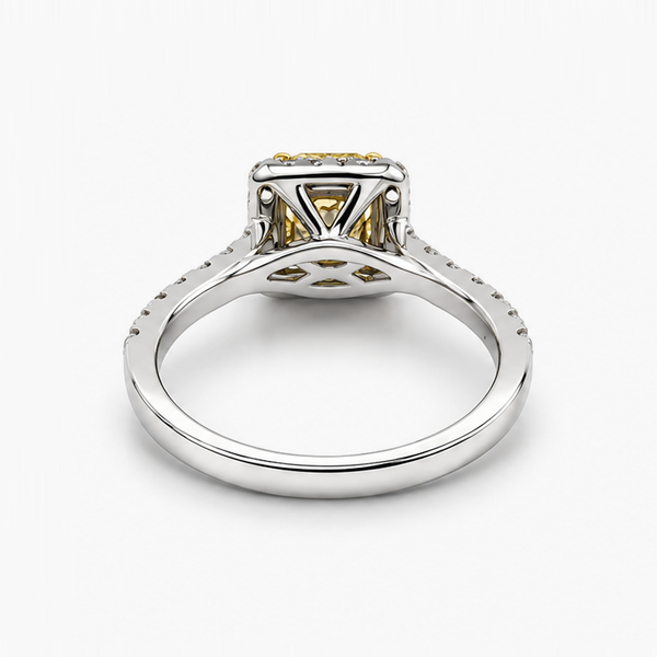Fancy Yellow Cushion Cut Diamond Halo Engagement Ring, 1.00 CT GIA Certified, 18K White and Yellow Gold