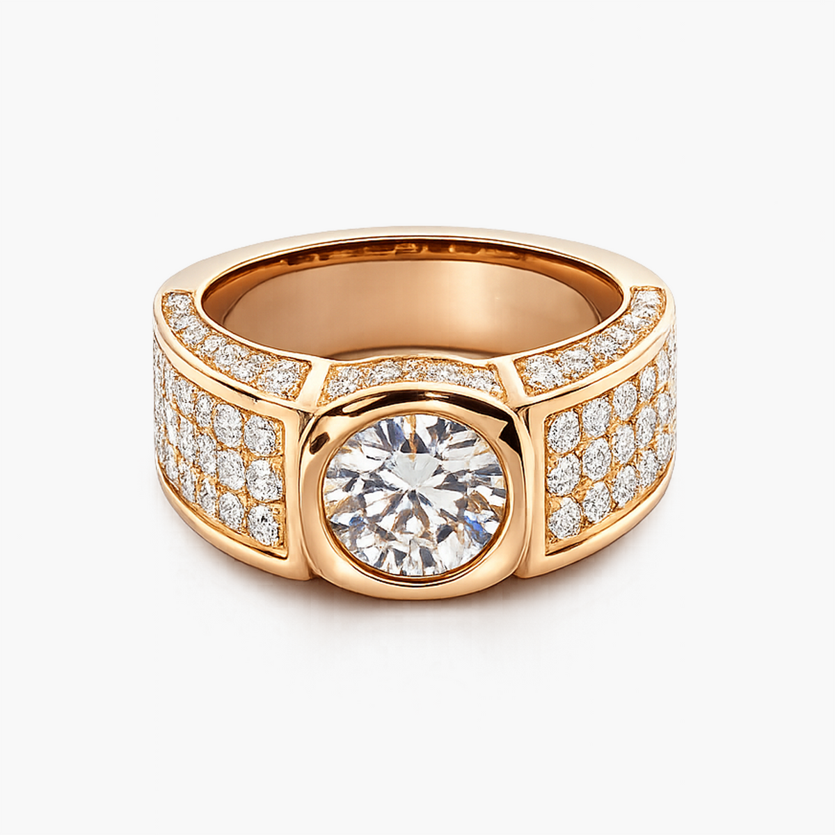 Lab Grown Diamond Bezel Set Pave Band Ring in 18K Rose Gold, 2.09CT Center with 1.0CTW Pave Accents, IGI Certified