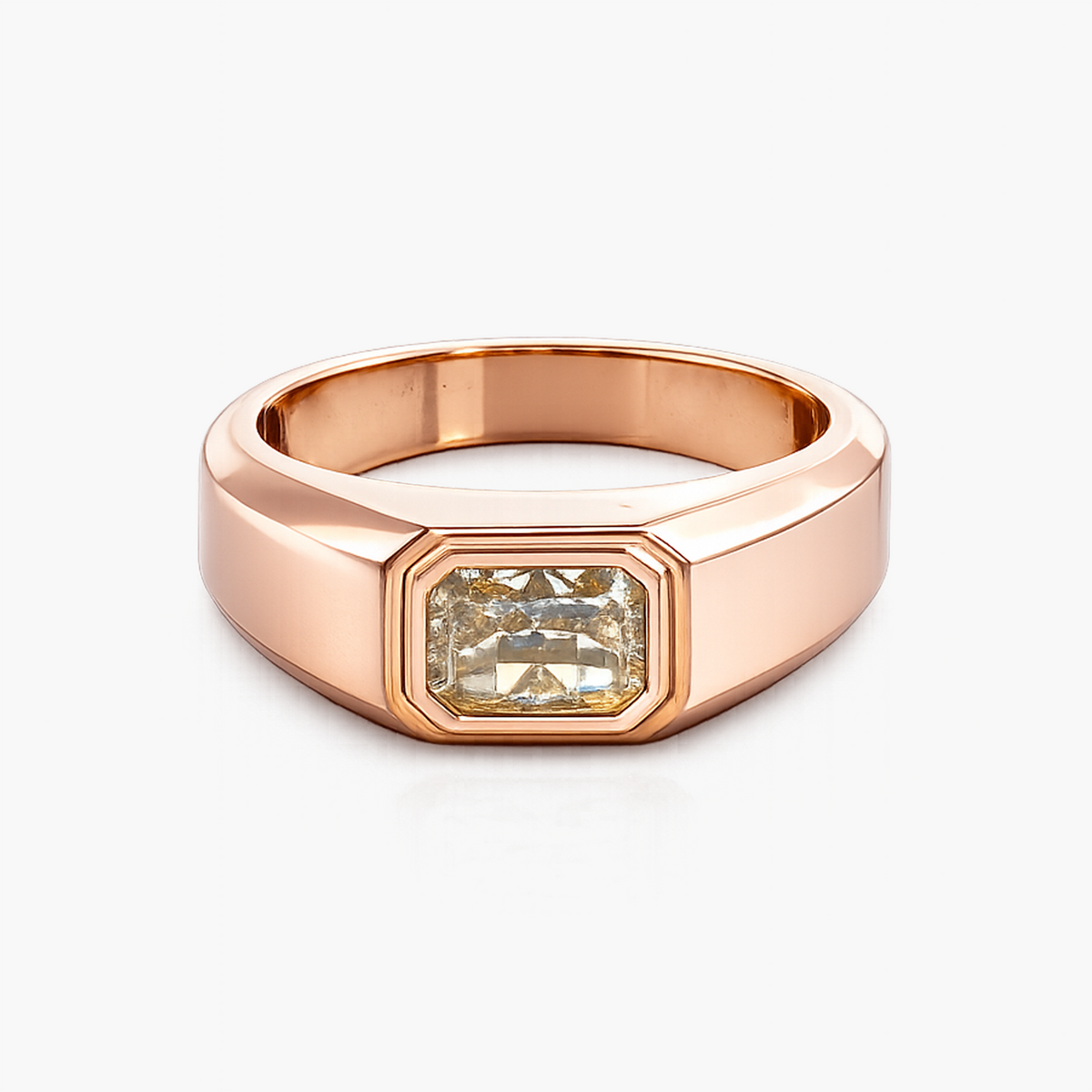 Emerald Cut Fancy Light Yellow Diamond Bezel Set Signet Ring in 18K Rose Gold