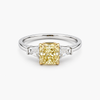 Radiant Cut Fancy Yellow Diamond Three-Stone Ring with Tapered Baguette Sidestones, 2.01 CT