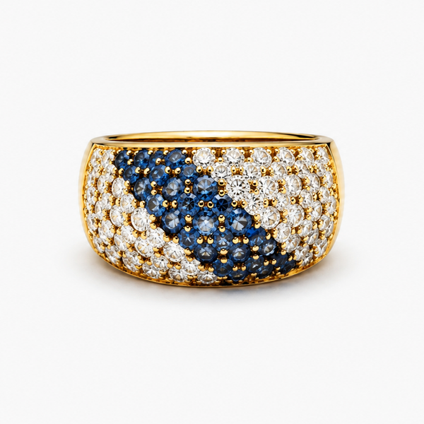 Sapphire and Diamond Pave Diagonal Band Ring in 18K Yellow Gold