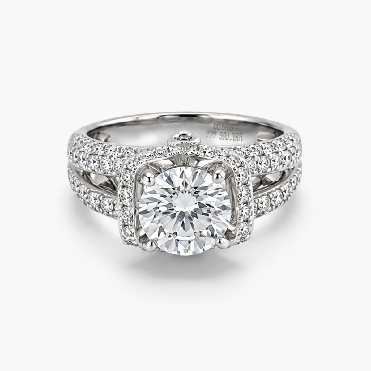 Round Brilliant Halo Engagement Ring with Split Pavé Shank | Lab Grown Diamond | 2.04CT D/VS1 IGI | 18K White Gold