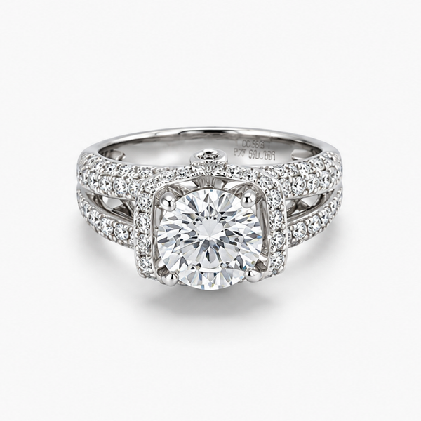 Round Brilliant Halo Engagement Ring with Split Pavé Shank | Lab Grown Diamond | 2.04CT D/VS1 IGI | 18K White Gold