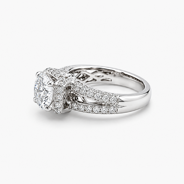 Round Brilliant Halo Engagement Ring with Split Pavé Shank | Lab Grown Diamond | 2.04CT D/VS1 IGI | 18K White Gold
