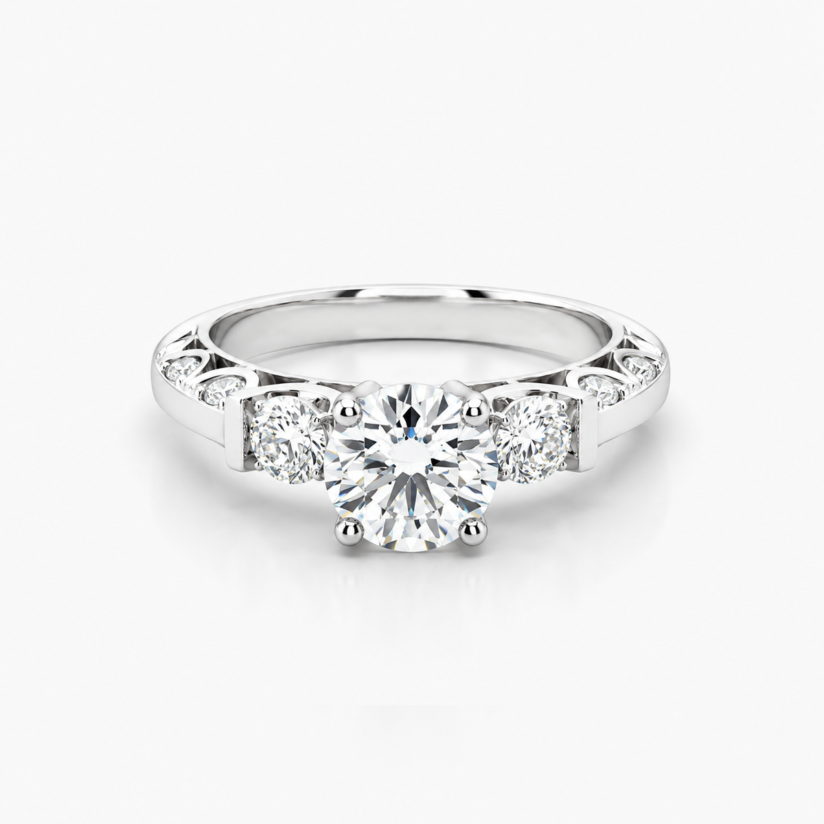 Lab Grown Diamond Three-Stone Engagement Ring in Platinum | 1.60 ct Round Brilliant Center | F/VVS2 | IGI Certified