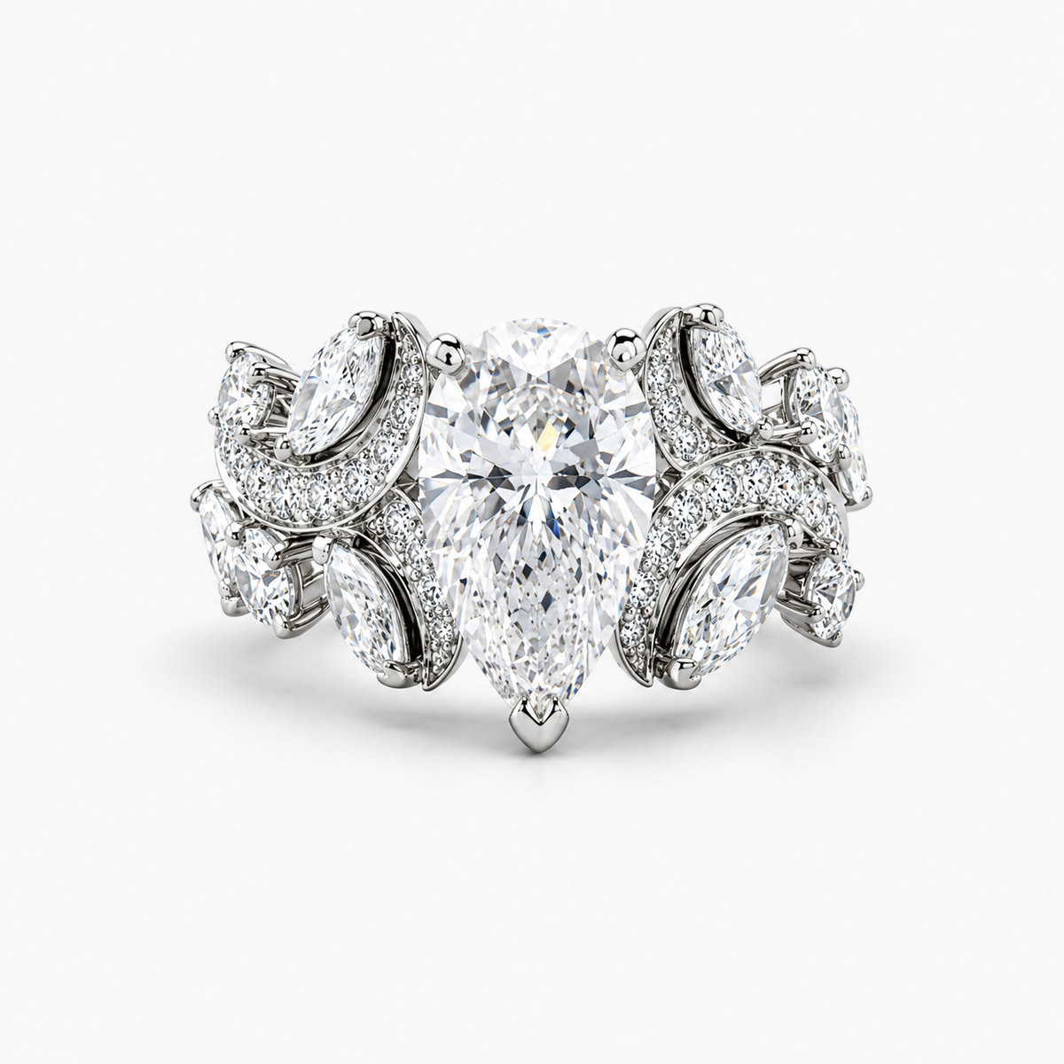 Pear Cut Lab Grown Diamond Floral Engagement Ring in Platinum with Marquise Accents