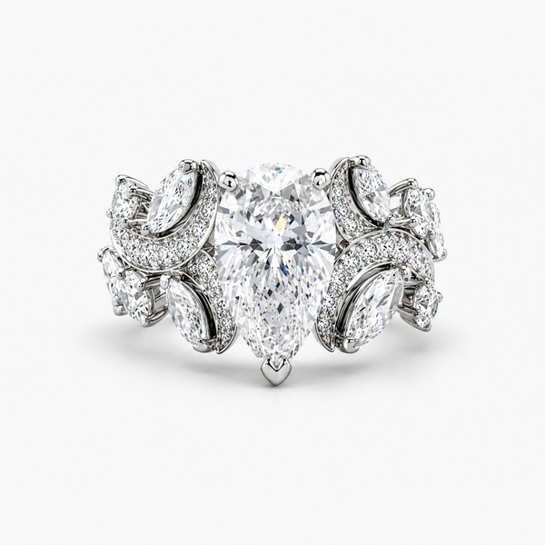 Pear Cut Lab Grown Diamond Floral Engagement Ring in Platinum with Marquise Accents