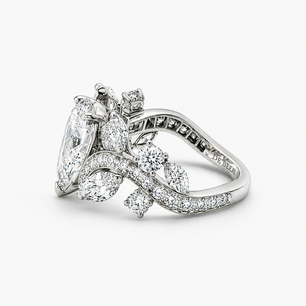 Pear Cut Lab Grown Diamond Floral Engagement Ring in Platinum with Marquise Accents