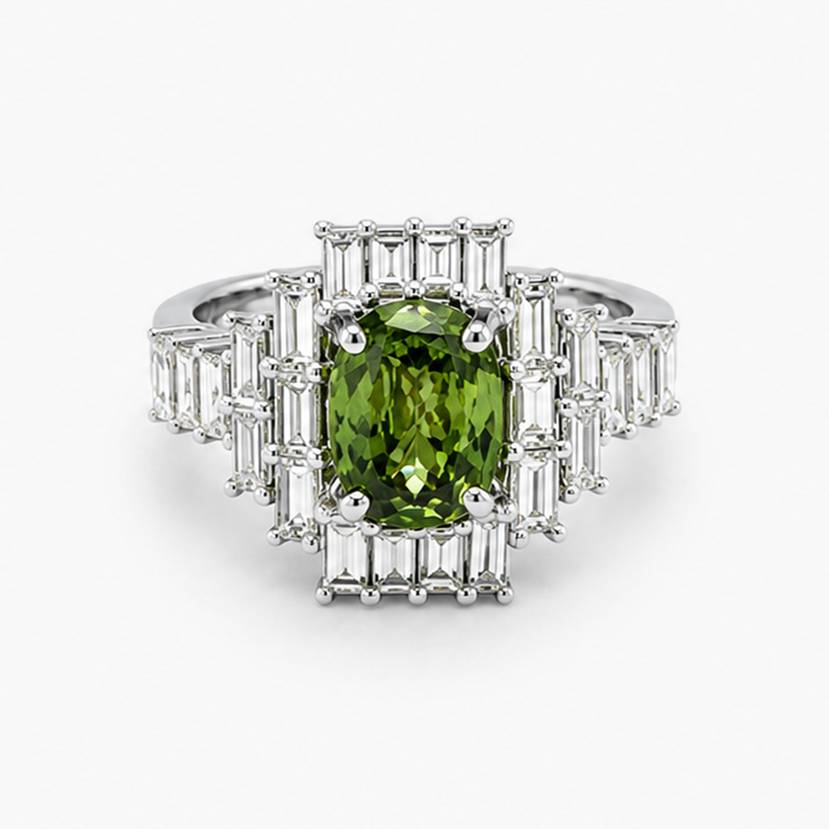Oval Peridot and Baguette Diamond Halo Ring in 14K White Gold