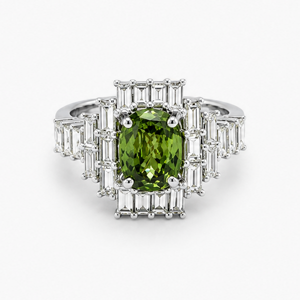 Oval Peridot and Baguette Diamond Halo Ring in 14K White Gold