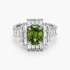 Oval Peridot and Baguette Diamond Halo Ring in 14K White Gold