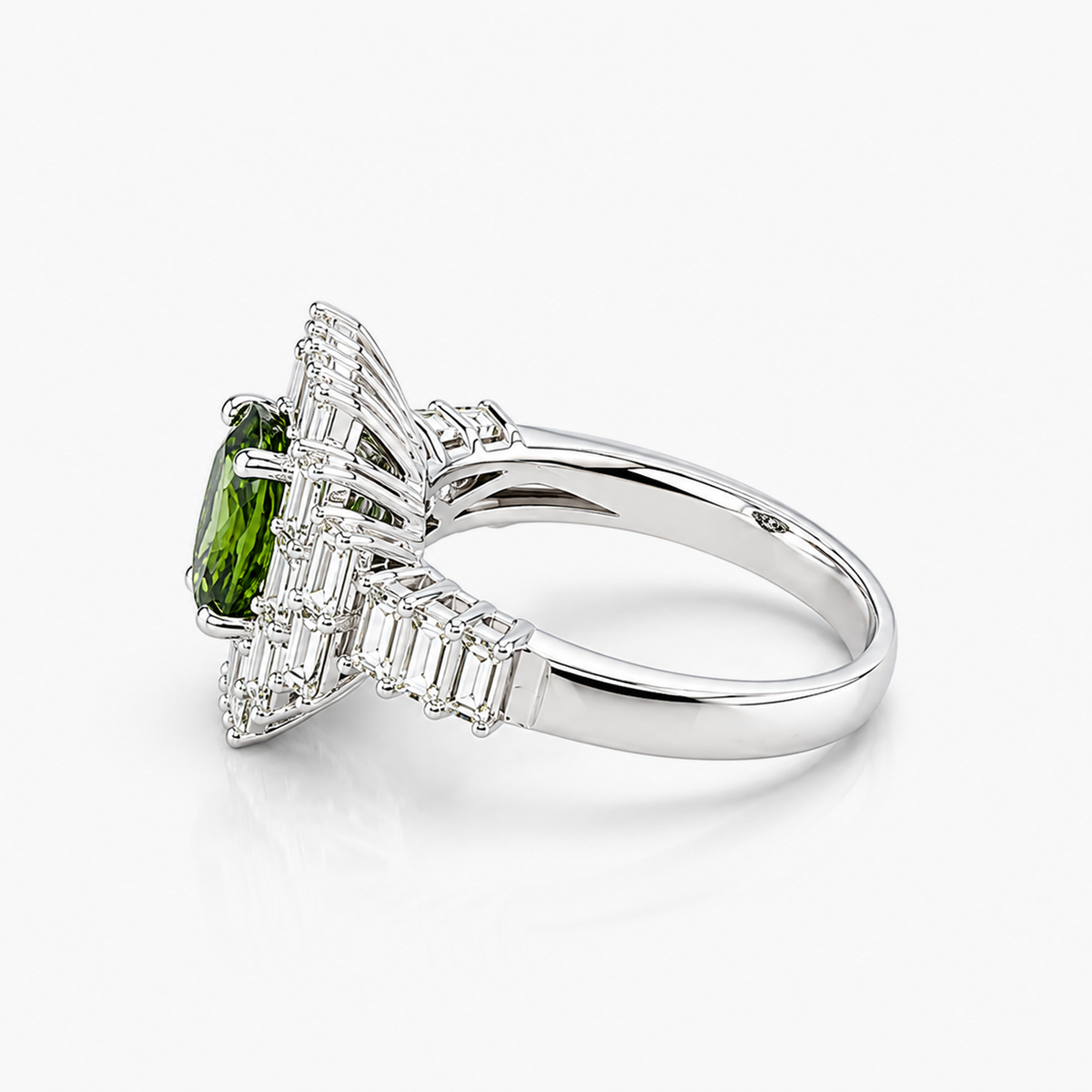 Oval Peridot and Baguette Diamond Halo Ring in 14K White Gold