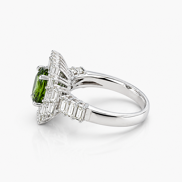 Oval Peridot and Baguette Diamond Halo Ring in 14K White Gold