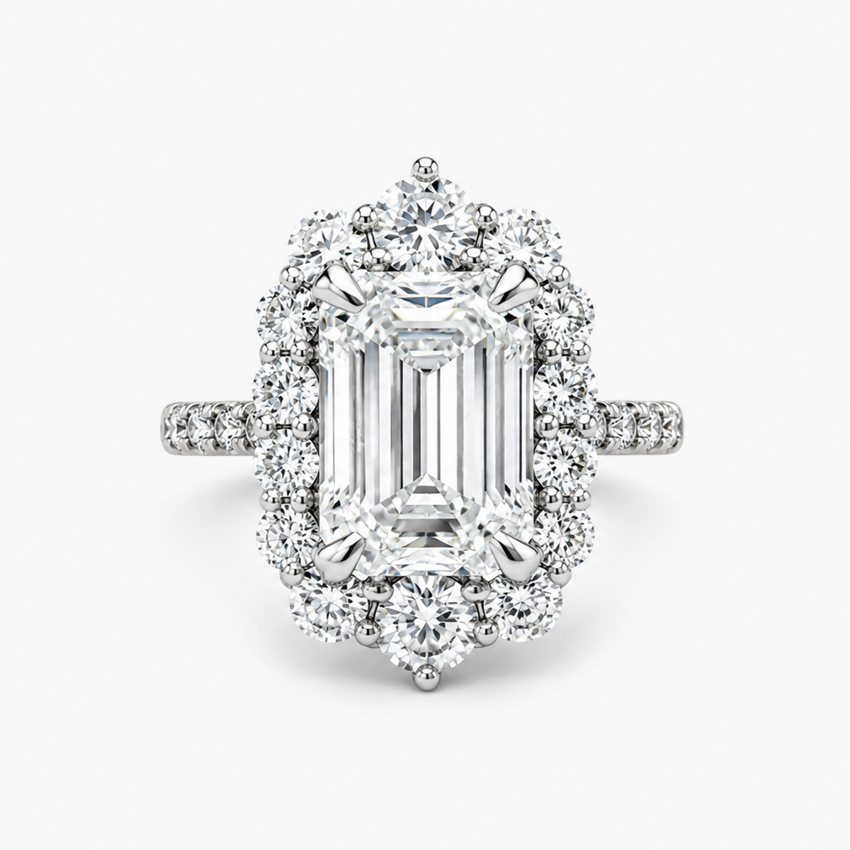 Lab Grown Emerald Cut Diamond Halo Engagement Ring 5.59 Ct F/VS1 IGI Certified in Platinum