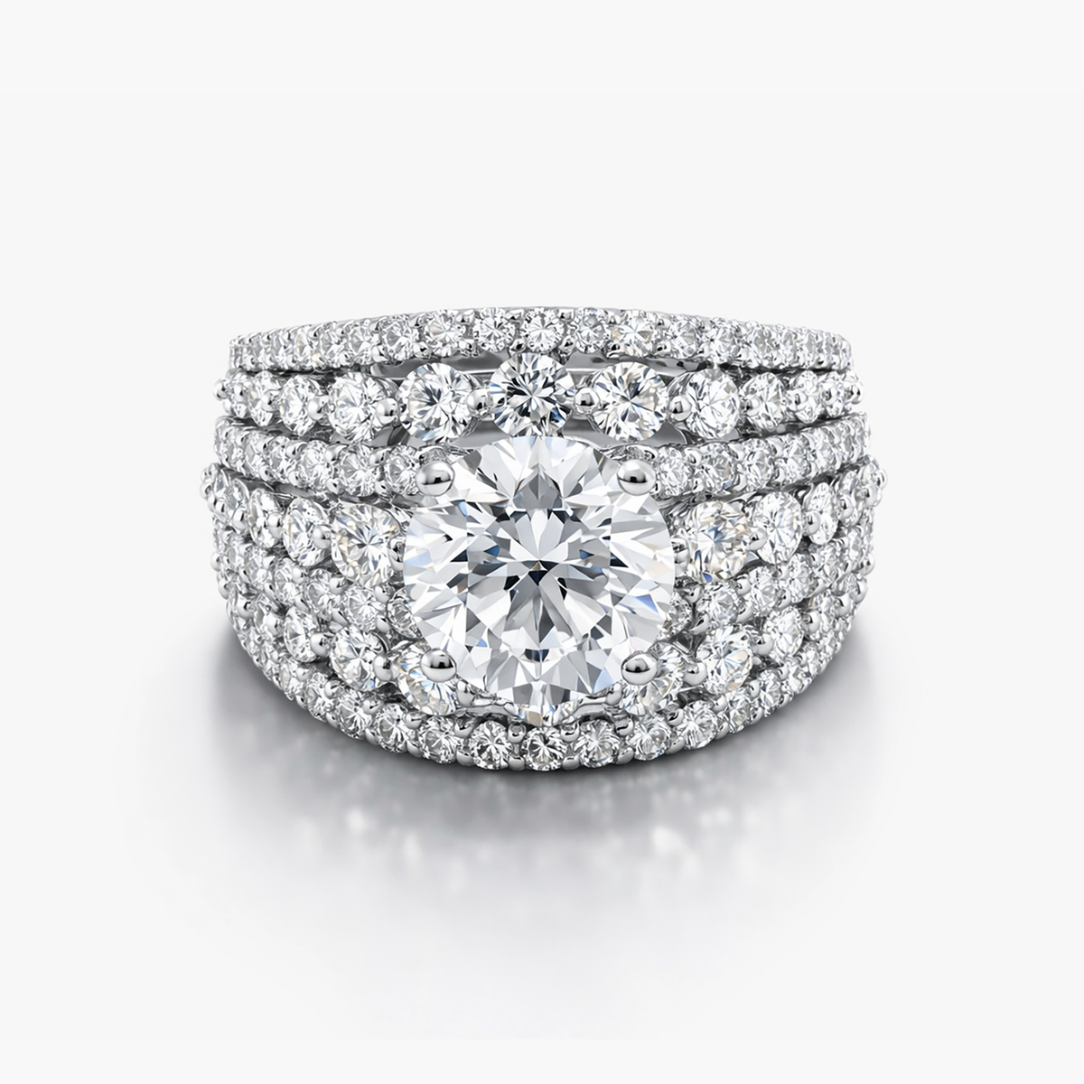 2.01 Ct Round Lab Grown Diamond Ring | 18K White Gold | 4.38 CTW Alternating Pavé & Shared Prong Band