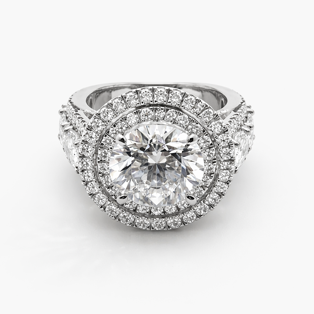 Double Halo Lab Grown Diamond Engagement Ring in Platinum (E/VS2 4.61 Center)