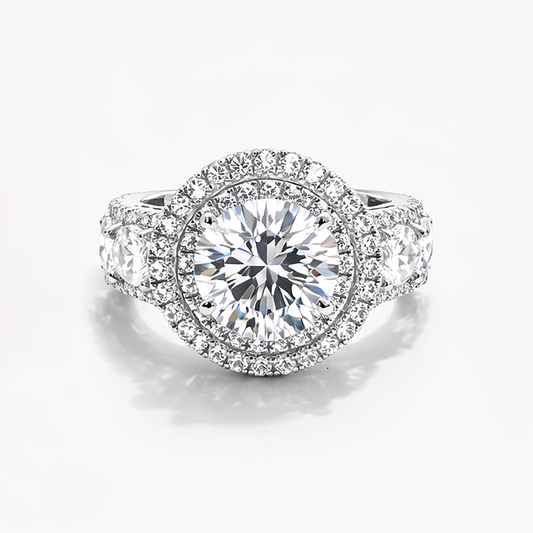 Vintage Inspired Round Diamond 5.02 CT Lab Grown Diamond Ring with Halos of Round Stones (E/VS1 IGI)