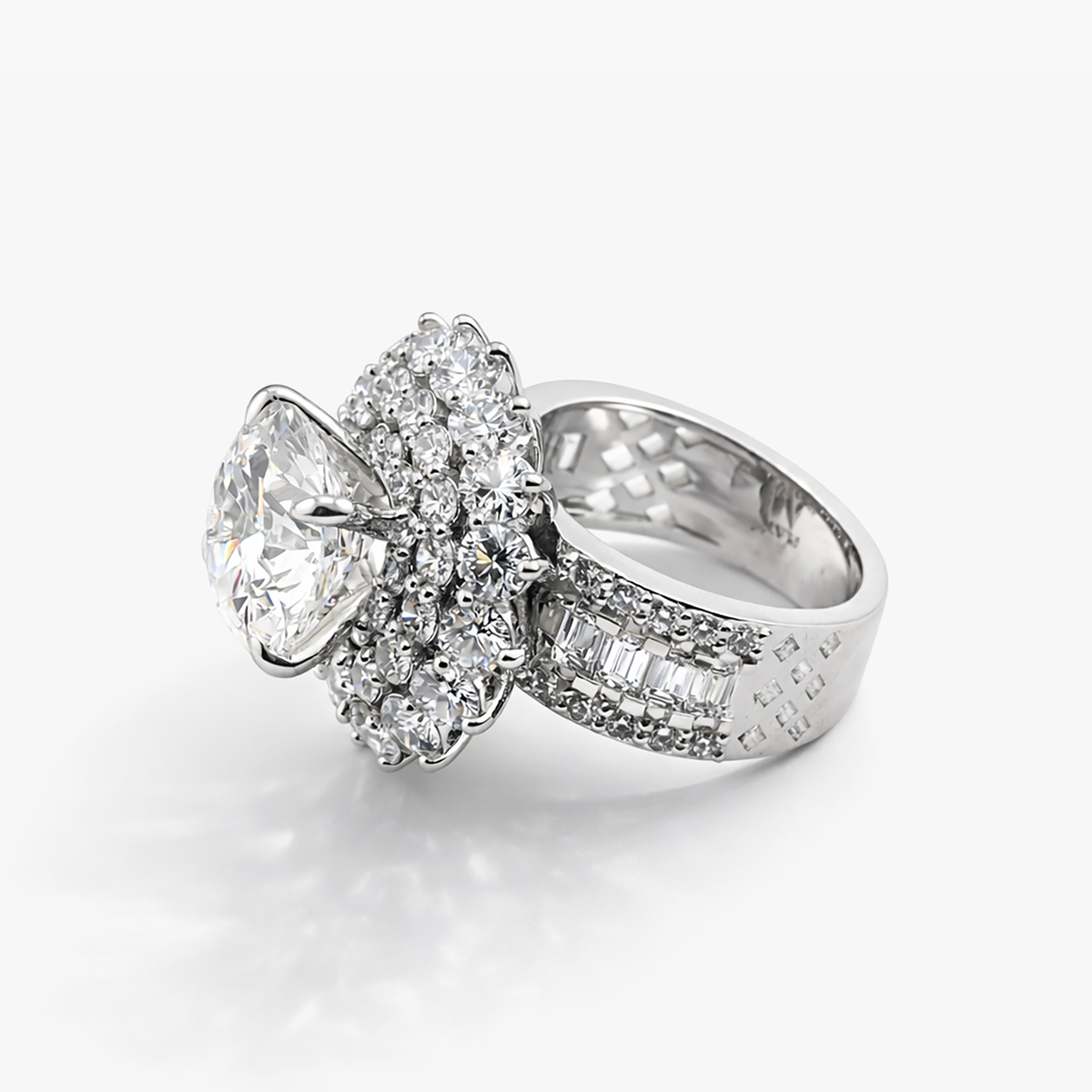 6.02 CT Lab-Grown Diamond Double Halo Ring with Emerald Cut Accents in Platinum