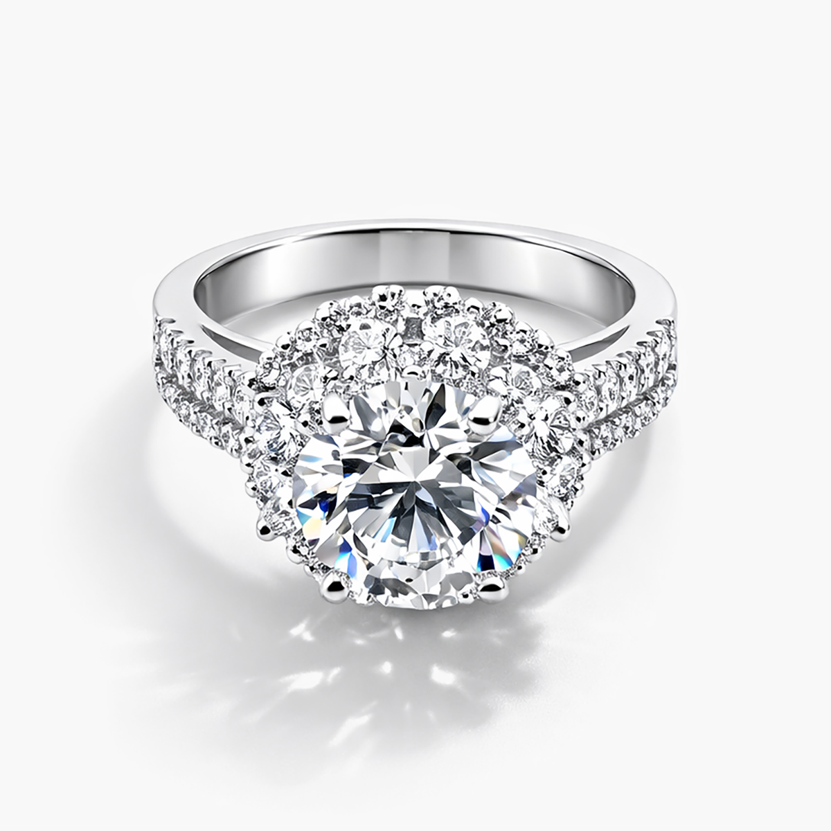 Round Lab Grown Diamond Ring 3.05 CT (E/VVS2) with Halos of Round Stones in Platinum