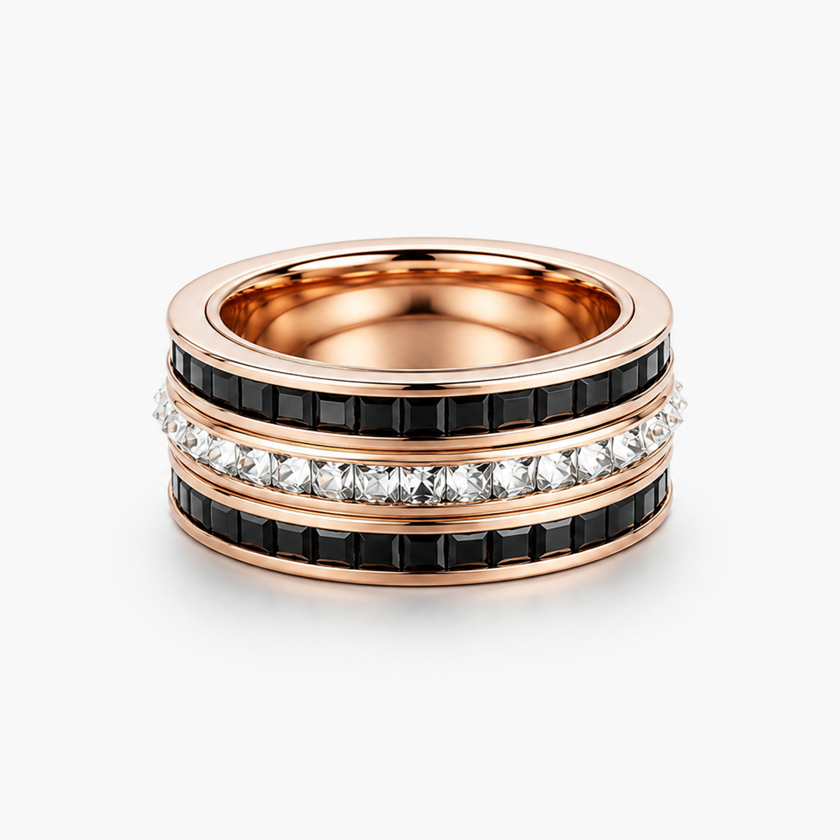 Natural Diamond & Black Sapphire Rotating Three-Row Band in 14K Rose Gold