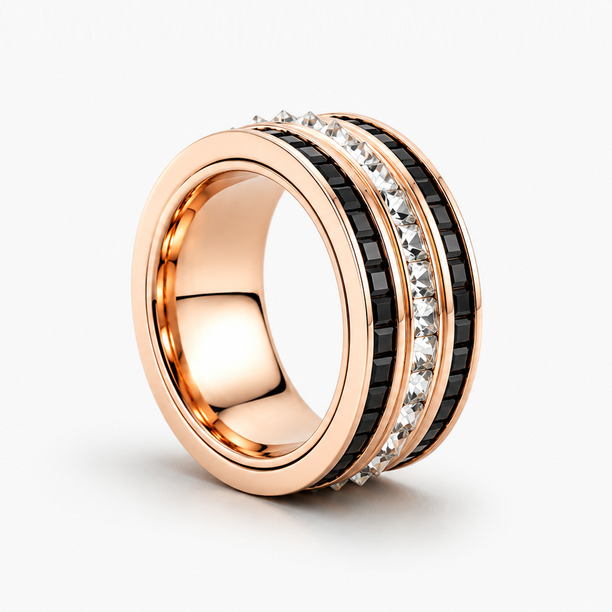 Natural Diamond & Black Sapphire Rotating Three-Row Band in 14K Rose Gold