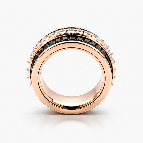 Natural Diamond & Black Sapphire Rotating Three-Row Band in 14K Rose Gold