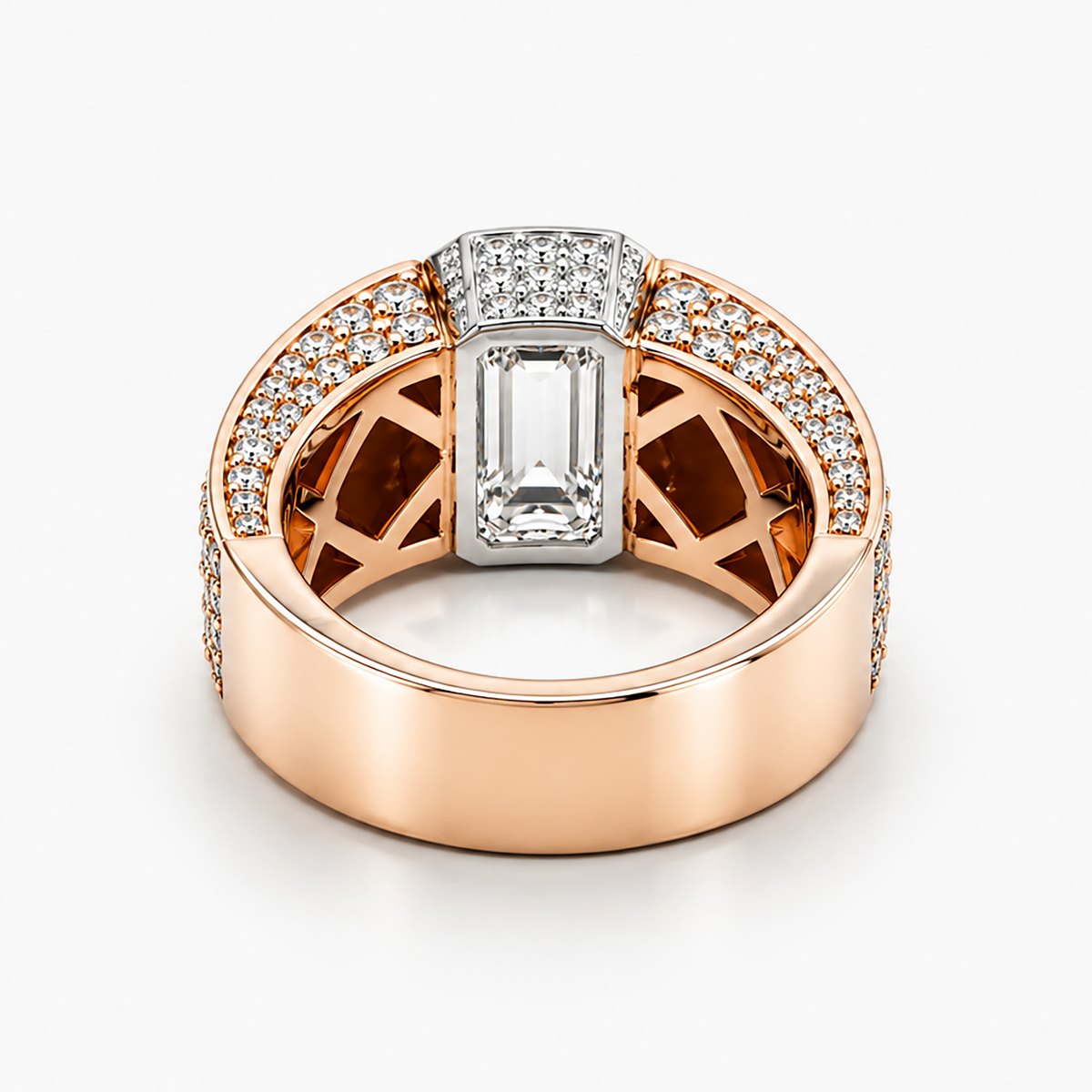 Emerald Cut Lab Grown Diamond Ring in 18K Rose Gold and Platinum