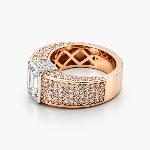 Emerald Cut Lab Grown Diamond Ring in 18K Rose Gold and Platinum