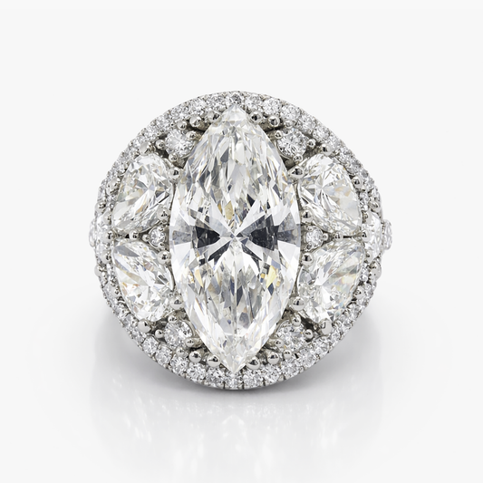 7.17 Ct F/VS1 Lab Grown Marquise Diamond Ring IGI Certified | Pear Cluster Shoulders | European Shank