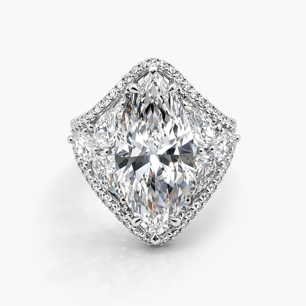 Marquise 9.03 CT Lab-Grown Diamond Ring with 4.05 CT Pear Side Stones in Pavé Setting in Platinum