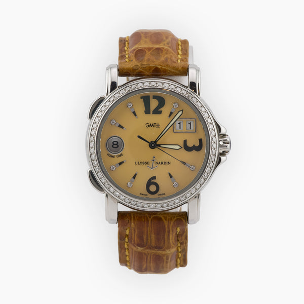 Ulysse Nardin San Marco GMT+/- Diamond Bezel Champagne Dial Brown Crocodile Strap
