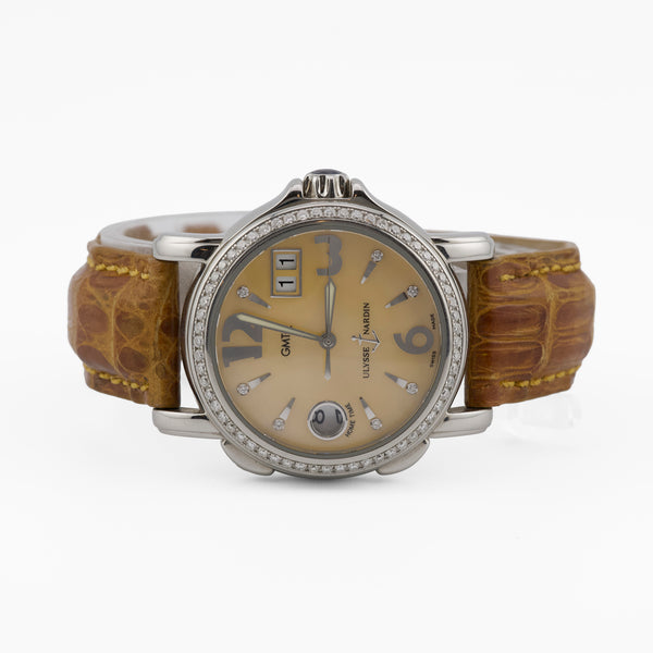 Ulysse Nardin San Marco GMT+/- Diamond Bezel Champagne Dial Brown Crocodile Strap
